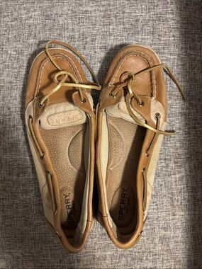 Sperry Angelfish Tan and Beige Leather-Trim Boat Shoes